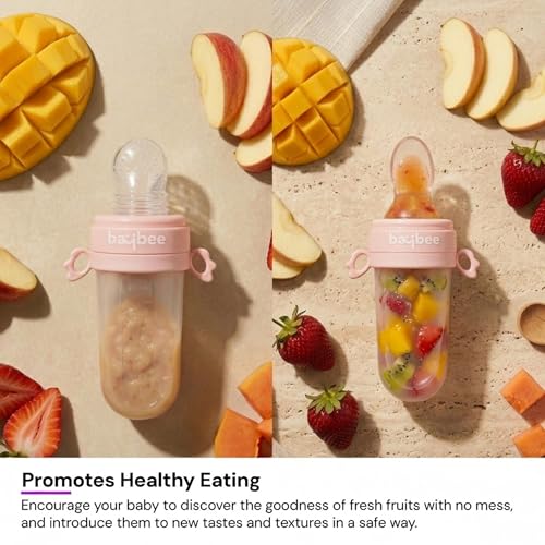 Image of Baybee 2-in-1 Silicone Baby Fruit Feeder & Food Feeder | Baby Pacifier with Anti-Choking Pouch & Squeeze Spoon | BPA Free Extra Soft Fruit Nibbler & Teethers for 6 to 12 Months Babies (Pink)