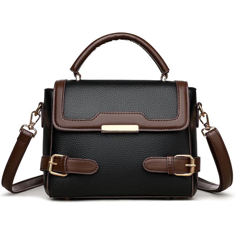 Women's Two-Tone Faux Leather Flap Satchel Handbag, Black-image-4