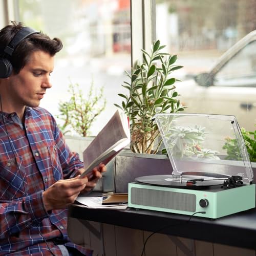 Image of Record Player for Vinyl with Speakers Turntable Vinyls Records Belt-Driven Turntables 3-Speed 3 Size Wireless Bluetooth Headphone AUX-in RCA Line LP Vinyl Players Auto Stop New Sleek Pale Green