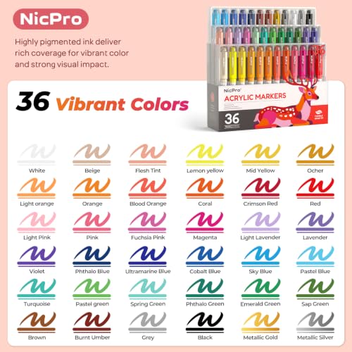 Image of Nicpro Acrylic Paint Markers Set, 36 Colors Paint Markers Brush Tip