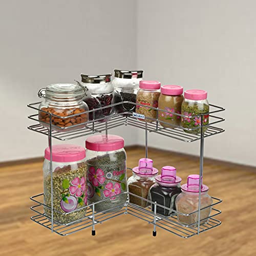 Image of Kitchen Corner Rack Organizer | Stainless Steel 2 Tier L Shape Stand for Masala Dabba, Spice Jars & Utensils | Multipurpose Kitchen Storage Shelf & Bathroom Corner Rack | Rust Free