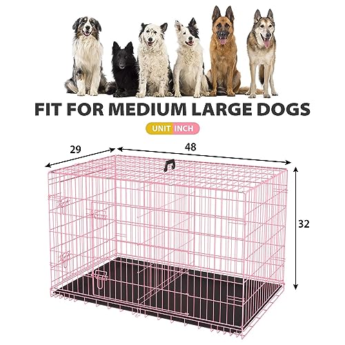 BLKMTY Foldable Dog Crate Wire Metal Dog Cage Large 48\" Dog Kennel w/Divider Panel Double-Door Animal Segregation Cage Pet Crate w/Tray Dog Crates for Indoor Outdoor Travel Camping, Pink