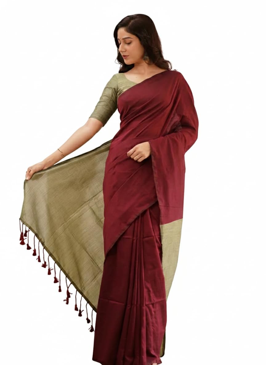 Saree for Women Plain Cotton blend Saree with Tassel Border – Soft Light weight for Daily Use-image-37