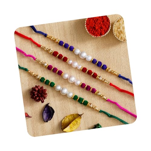 Image of eCraftIndia Multicolor Set of 4 Radha Krishna Playing Flute, Peacock, Krishna Flute, Peacock Feather Designer Religious Rakhis with Roli Chawal Pack