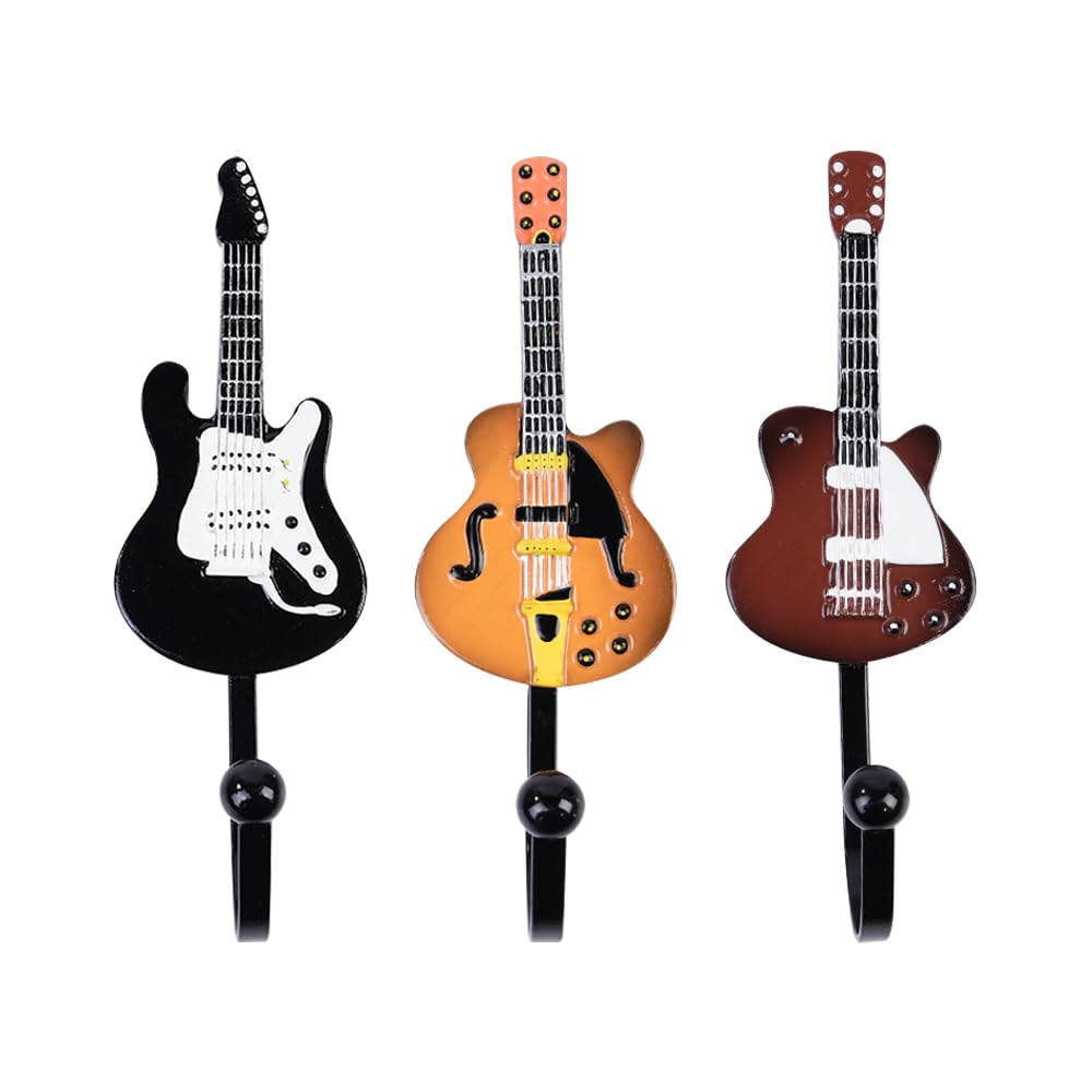 Muiltvoe 3pcs Retro Guitar Shaped Decorative Hooks Wall Mounted Heavy Metal Resin Hooks For Hanging Clothes Coats Towels Hats