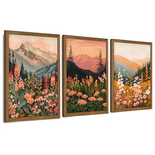 WRFON Botanical and Flower Canvas Wall Art, Framed Mountain Landscape Wall Art Set of 3, Wildflower Meadow Canvas Print, Rustic Nature Decor for Living Room Bedroom Cabin Lodge Farmhouse Decor, 20x30