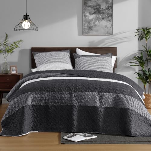 Litanika King Size Quilt, 3 Pcs Black and White Stripe Bedding Set