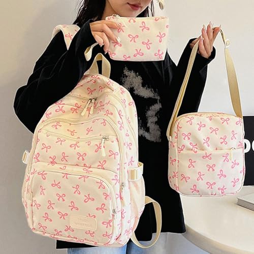 Coquette Bow Backpack for Girls, 3PCS SET Coquette Bow Backpack, Cute Kawaii Backpacks Set Large Capacity (White-Pink)2