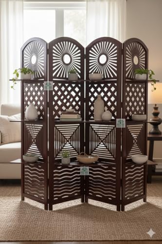 Image of Wooden Room Divider 6 Feet, 4-Panel Folding Wooden Partition for Living Room, Office, Pooja Room, Restaurant, Kitchen & Balcony (2W x 1.82H Meters). (Dark Brown)