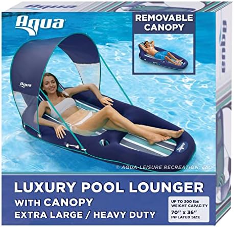 Aqua Ultimate Pool Float Lounger with UPF 50 Canopy and Cupholder – Heavy Duty, Inflatable Pool Lounge for Adults – Navy/Aqua/White Stripe