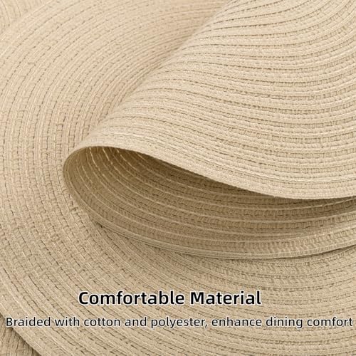 Image of SHACOS 15 inch Round Braided Placemats Set of 6 Cotton Polyester Heat Resistant Table Mats Washable Place Mats for Dinner Party Table Decoration (Light Beige, 6)
