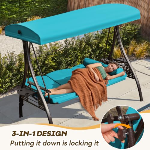 Image of 3 in 1 Outdoor Porch Swing with Adjustable Canopy, 3 Seat Outdoor Swing for Adults, Patio Swing Chair with Thickened Cushions,Pillows & Cup Holders for Backyard, Porch, Garden (Lake Blue)