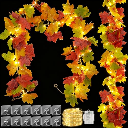 2 Stück Ahornblätter Herbstgirlande Mit 40 LEDs,170cm/Stück Herbstblätter Girlande,Herbst Girlande,Herbstdeko Lichterkette Herbstgirlande,Ahornblätter Herbstdeko für Zuhause,Garten,Kamin,Party