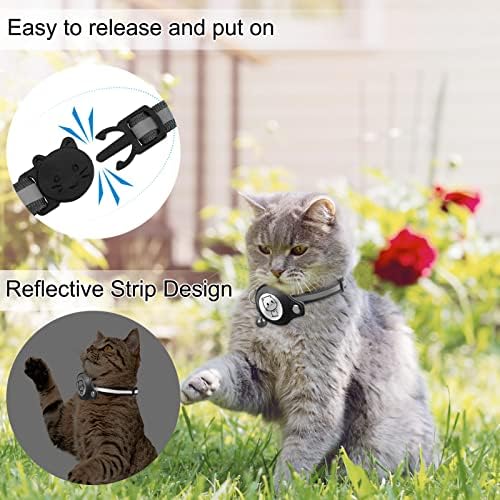 Pinenuts Reflective Airtag Cat Collar, Kitten Collar with Air Tag Holder Case & Bell, Adjustable Cat Collar with Breakaway Buckle Design for Cats Kitten(Black)