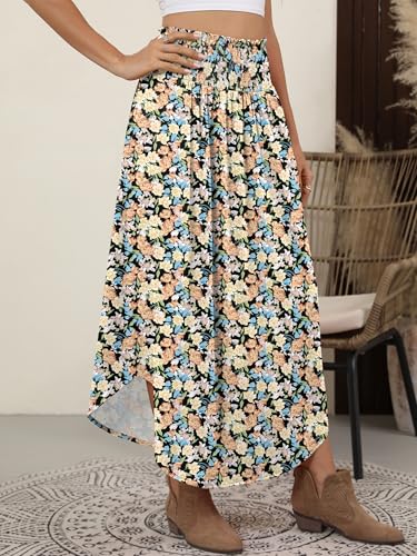 Image of ANRABESS Women's Maxi Skirts Summer Boho Floral High Waisted Flowy Swing Pleated Beach Long Skirt with Pockets