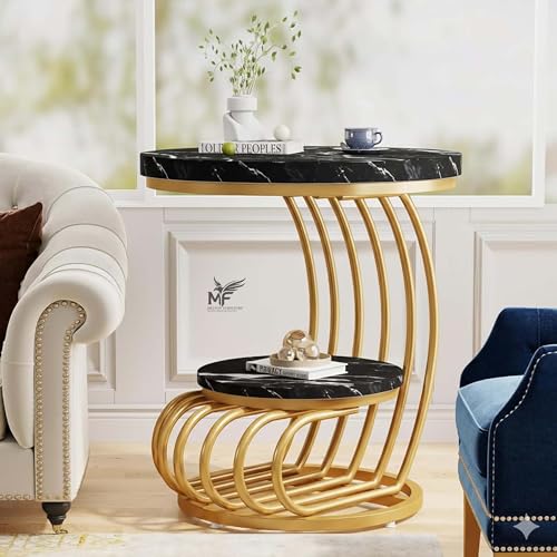 Image of MELVON End Table /Side Table with Black Marble Look Engineered Wood Top & Golden Metal Frame, 2 Tier Storage for Living Room, Bedroom & Office | Golden & Black
