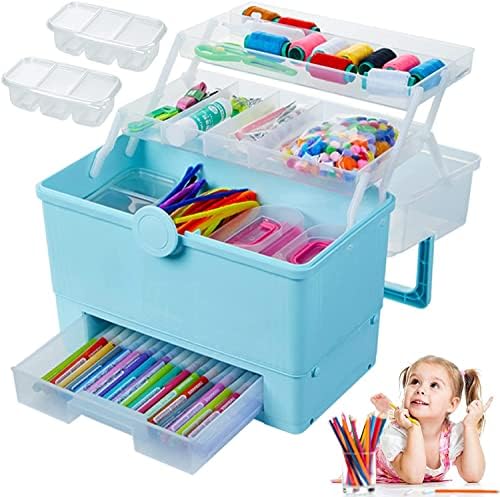 Large 3-Layers Storage Box with Drawer,Handled Portable Folding Organizer as a Gift for Kids for Arts, Crafts&Sewing Supplies,Plastic Tool/Medicine Box with Drawer-Blue