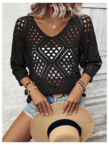 Image of Verdusa Women's Crochet Beach Summer Sweater 3 /4 Length Sleeve Boho Off The Shoulder Tops