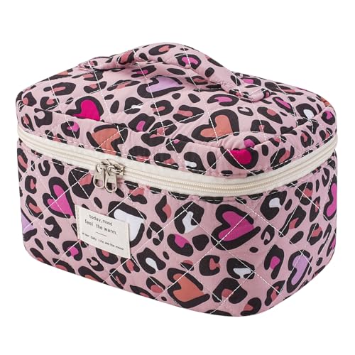 uekeboag Large Travel Quilted Makeup Bag for Women, Floral Cotton Cosmetic Bag, Coquette Aesthetic Floral Toiletry Organizer Bag(Pink Leopard