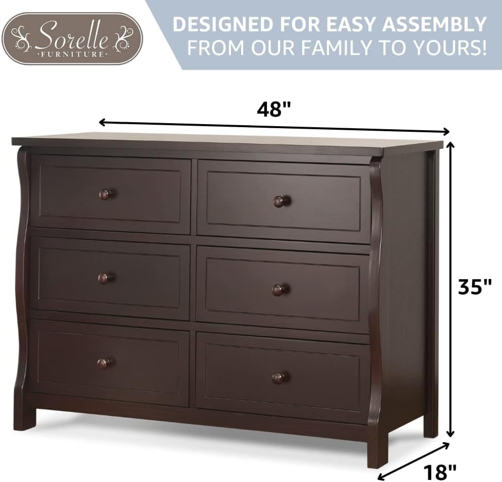 BOWERY HILL Contemporary Double Dresser, Weathered Gray Finish, 48 in W x 18 in D x 34 in H, 6 Drawers, Full-Extension Metal Glides, Classic Round Knobs, Anti-Tip Kit, Durable Storage Solution for