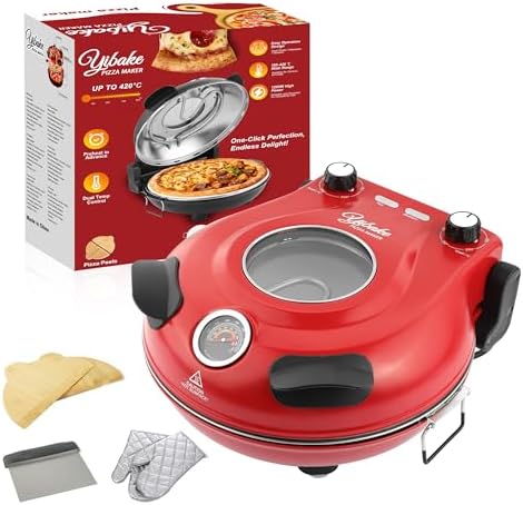 Bild 7 - Pizzaofen elektrisch, 1200W Pizzabäcker in 4-Min-Pizza, 31cm Feuerfeste Pizzastein, Max 420℃ Pizzaofen mit 5 Garstufen, inkl. Pizzaschaber & Pizzaschieber, Rot