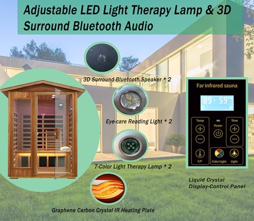 Image of LTCCDSS Ultra-Low EMF Mahogany Outdoor Sauna 2-Person, Far Infrared Saunas for Home, EMF 0.1-1mG, 6 Carbon Crystal Heaters, 360 Full Enclosure, Bluetooth & Chromotherapy, 57.8 * 40.5 * 81.1 inch