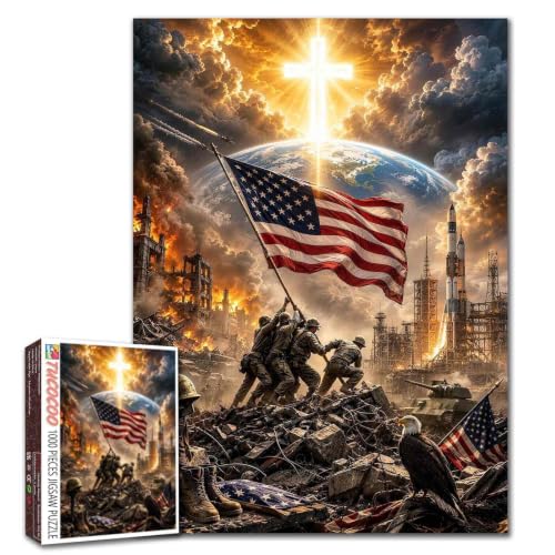 Patriotic American Flag Jigsaw Puzzles for Adults 1000 Pieces Military Soldiers Puzzles for Family Activity Games Glowing Cross Art Jigsaw Puzzles Home Wall Decor Craft Gifts 19.7"X27.6"