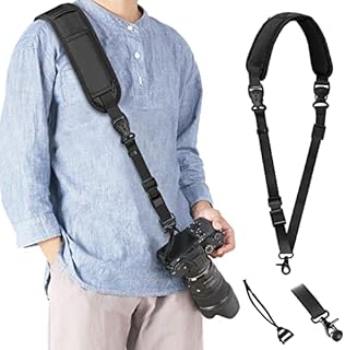 KTUEOV Camera Strap Quick Release, Camera Shoulder Strap Adjustable with Safety Tether Non-slip Wide Nylon Strap 2 Pockets and 2 Retainers, Crossbody Camera Strap Padded for DSLR Camera(Black)