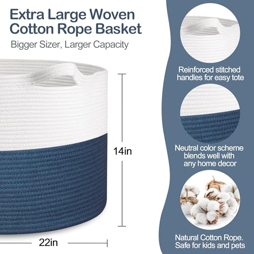 Extra Large Rope Basket, XXXL Woven Wicker Storage Basket, Kids Room Toy Storage Organizer and Storage, Dog Toy Stuffed Animal Basket Bins, Kids Room Playroom Organization(22" x 22" x 14") - Image 3