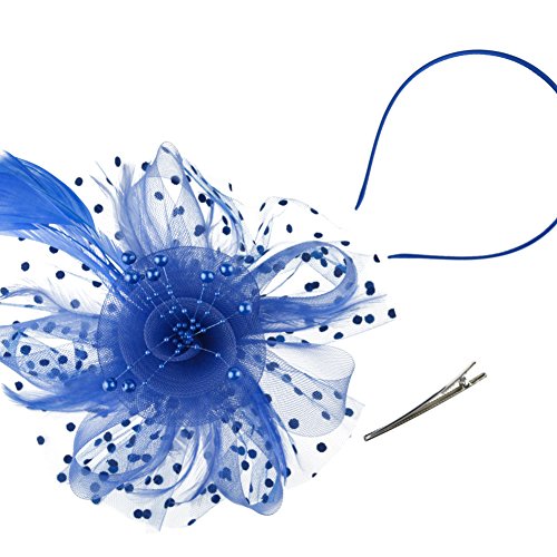 DRESHOW Fascinator Chapeau Plume Mariage Dames Day Bandeau et Clip Cocktail Tea Party Chapeau pour Fille et Femmes,Taille unique,Bleu-Blue