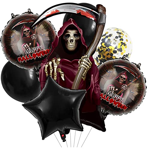 Halloween Luftballons, Schwarz Latex Ballons 7PCS Halloween Deko mit Reaper Mylar Folienballon & Runden Reaper & Schwarz Gold Konfetti Ballons 30CM für Halloween Party Dekor Indoor Outdoor Zubehör Cover