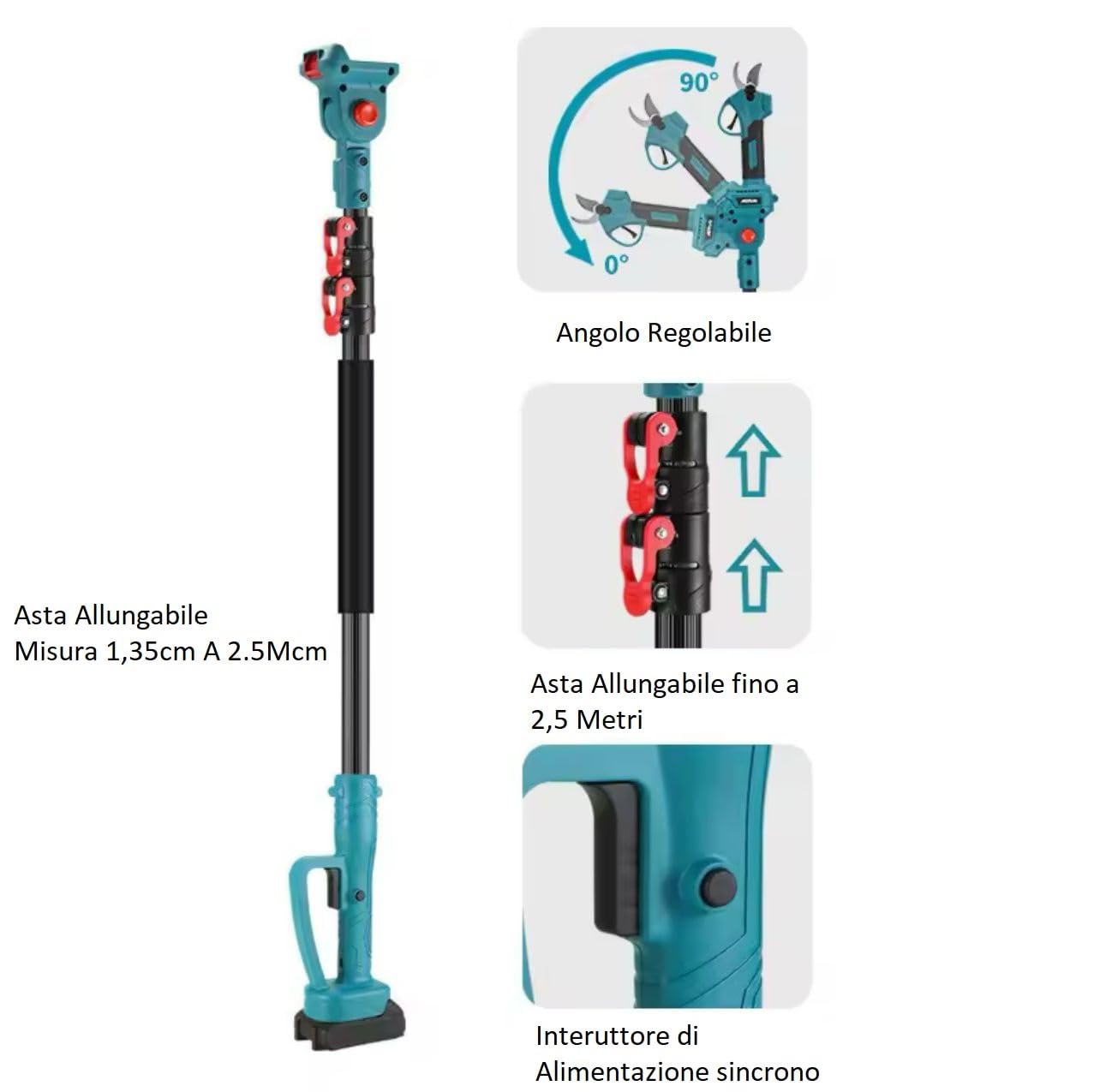 Forbice da Potatura a Batteria, Motosega a Batteria 6 Pollici incluso, + Asta Telescopica 128-248cm, Kit 3 in 1, Cesoie Elettriche per Potatura Giardino Rami Arbusti Vigneto