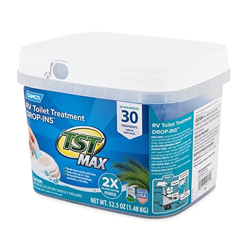 Camco TST MAX RV Toilet Treatment Drop-INs - Control Unwanted Odors and Break Down Waste and Tissue - Septic Tank Safe - Ocean Breeze Scent - 30-pack (41615)