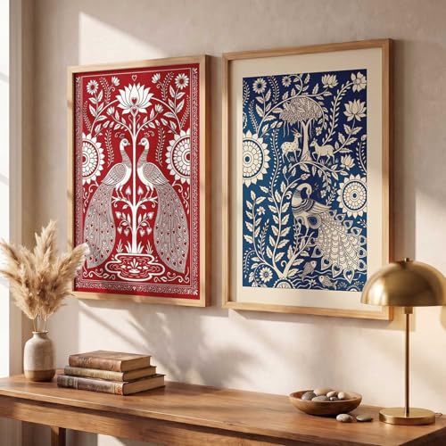 Image of kotart Decorative Traditional Wall Art Home Decor Madhubani Painting poster With Frame For Living Room Bed Room Hotel Wall Decor Digital Reprint Set of 2 (10X13 INCH)