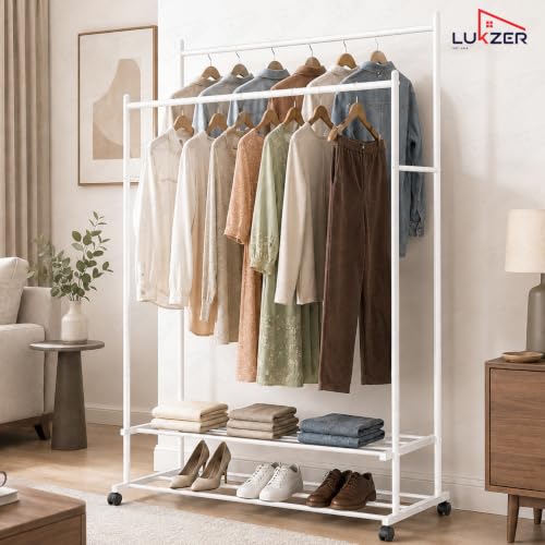 Image of Lukzer Double Rod Metal Garment Stand with Wheels & 2-Tier Storage Organiser Shelves, Portable Clothes Rack and Coat Hanger With Shoe Rack for Bedroom, Entryway & Boutique (White /109 x 48 x 158 cm)