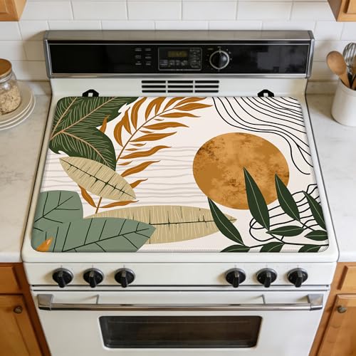Image of Boho Leaves Stove Top Covers Pad 28 x 20 inches Dish Drying Mat Coffee Bar Mats Kitchen Decor Absorbent Pad Fit Coffee Maker Machine Dish Drying