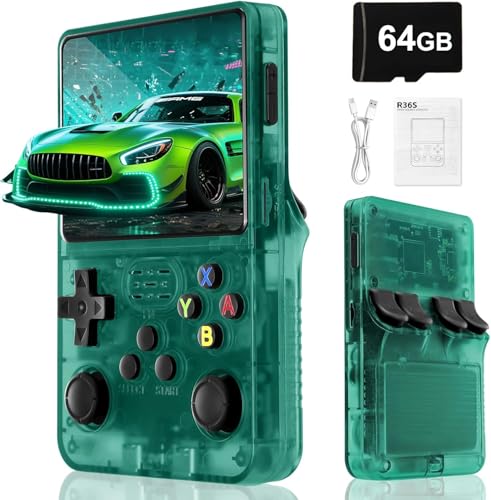 Image of PLUSPOINT R36S Portable Handheld Game Console (64GB) with 18000+ Retro Classic Preloaded Video Games, 3.5 Inch IPS Display,Rechargeable Battery , Pocket Arcade Gaming Device (Green)