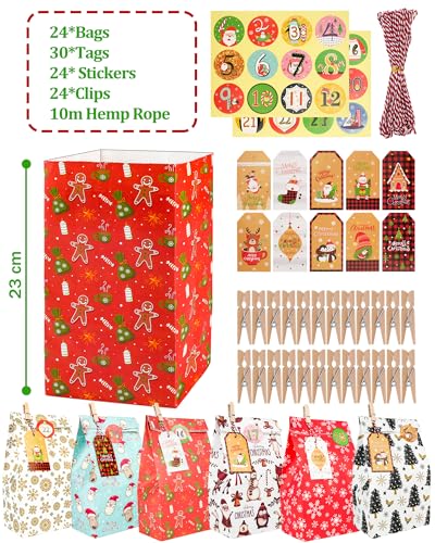 2026 Adventskalender zum Befüllen – DIY Adventskalender für Kinder & Erwachsene mit 24 Tüten, Zahlen Aufkleber, Karten, Klammern & Schnur – Weihnachtskalender Bastelset