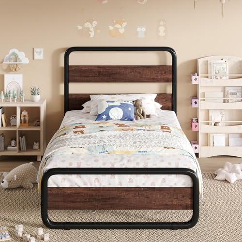Image of SHA CERLIN Twin Size Metal Bed Frame with Wooden Headboard, Mahogany