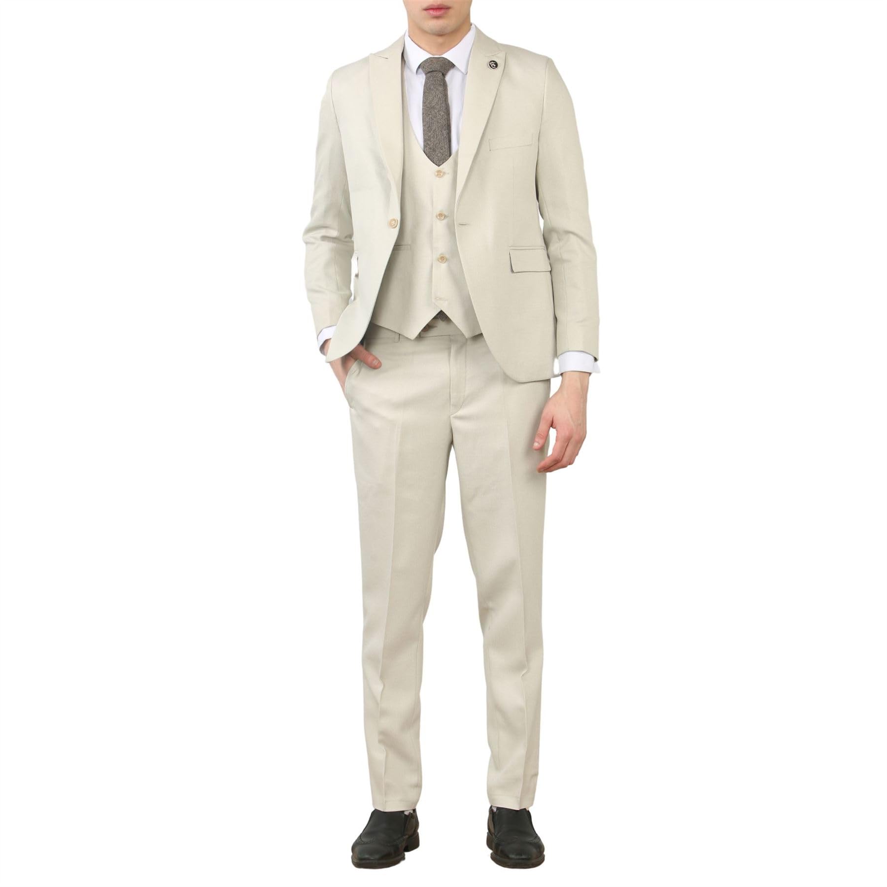 Men's 3 Piece Suit Cream Beige Tailored Fit Wedding Classic Prom Formal Textured - Cream 52