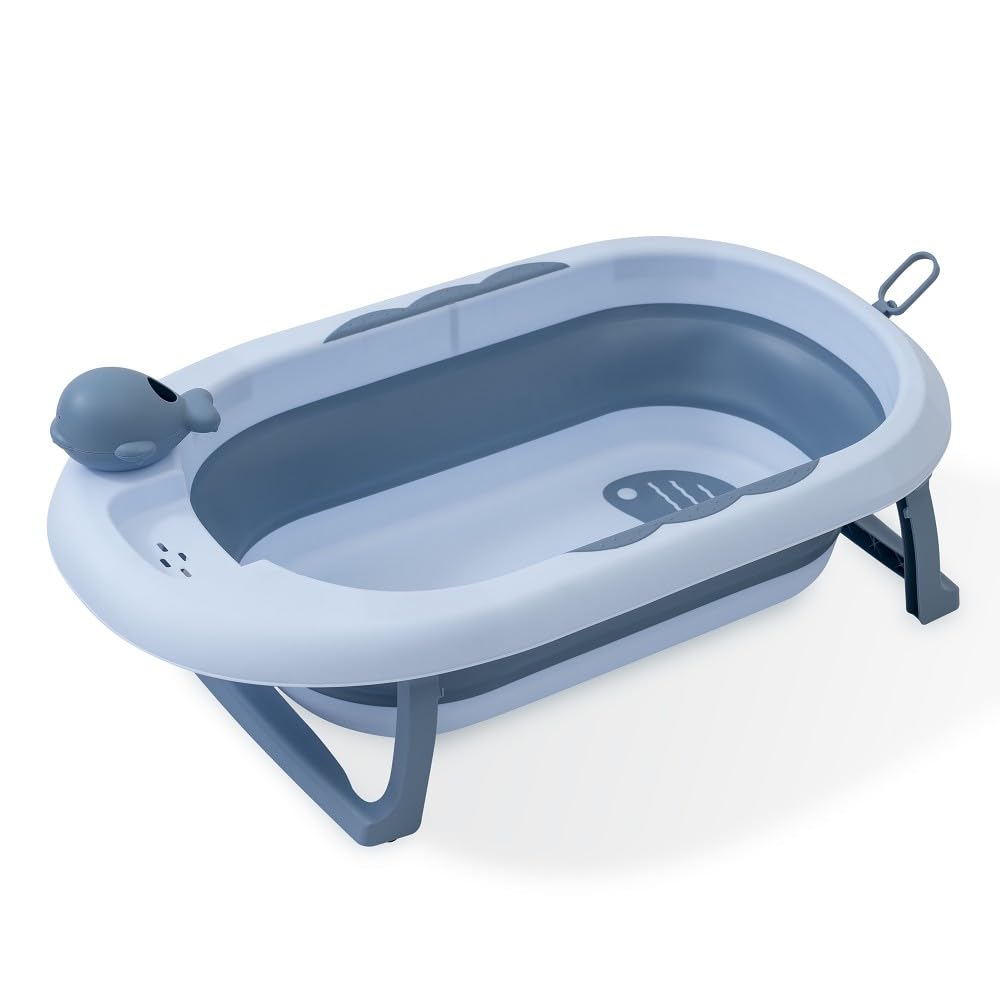 Składana wanna dla niemowląt Interbaby 80x47x21 cm | Składana wanna dla niemowląt z kubkiem do płukania, antypoślizgowa, szczelna nasadka | przenośna, łatwa do przechowywania, wygodna, niebieska