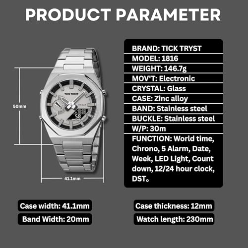 Image of Dual-Display Analog-Digital Watch, Zink Alloy Case Men's Watch,Stainless Steel Band, Luminous 30M Water-Resistant Fashion Sports Watches for Men - TT-D1