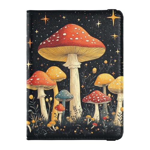 Custodia per passaporto in pelle nera con funghi e stelle, custodia per denaro e carte di credito, per viaggi di lavoro in famiglia