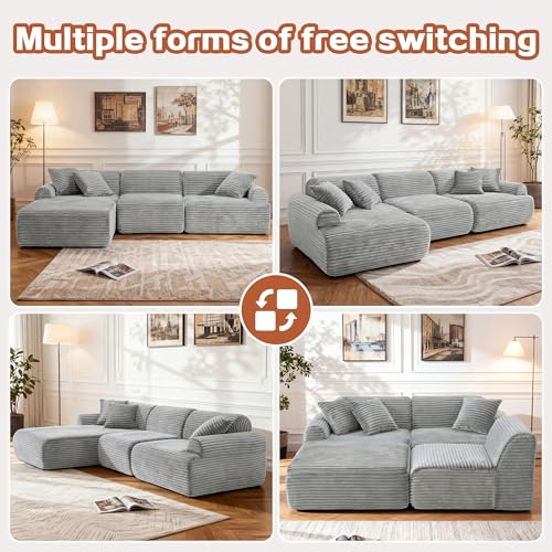 Image of KEIKI 2Seat Modular Boneless Sectional Corduroy Sofa Couch with Chaise for City Apartment Apartment Living Family Friendly Homeowners Soft Plush Comfortable Cozy Relaxing Contemporary Design Grey