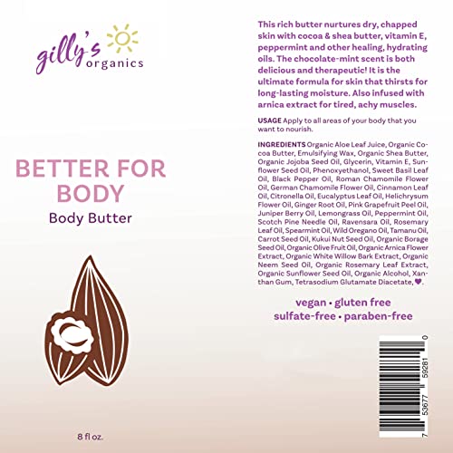 Gilly's Organics Organic Body Butter, Delicious Chocolate Mint Scent - Made In Usa, All Natural Everyday Nourishing Creamy Moisturizing Lotion For Dry Skin - With Shea, Cocoa Butter, Vitamin E, Arnica #TOP1