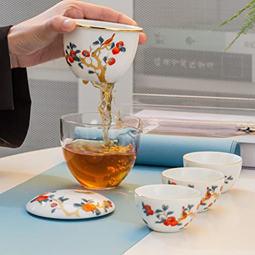 Mozeo Portable Ceramic Tea Set, Chinese Kungfu Porcelain Teapot Set, All-In-One Teapot, Tea Strainer - 3 Teacups - 1 Storage Bag - Suitable For Outdoor, Travel, Picnic, Office Work, Home (Persimmon) #TOP4