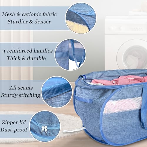 Image of Upgraded 100L Extra Large Mesh Pop Up Laundry Hamper with Lid and Handles. XL Closet Storage Bins, Dirty Clothes Basket for Dorm Home, Foldable Laundry Basket. Blue. H