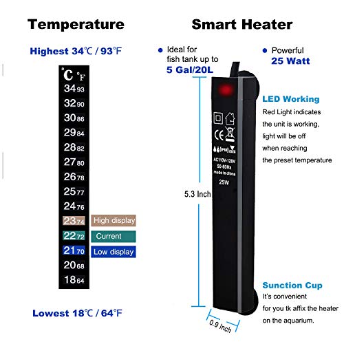 Zeetoon 25W Aquarium Heater, Automatic Thermostat Betta Fish Tank Heaters, Tortoise Small Water Warmer For 2-5 Gallon Container With 1 Stick-On Thermometer Strip #TOP1