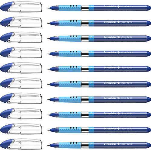 Schneider Slider Basic F (Fine) Ballpoint Pen, 0.7 mm, Transparent Barrel, Blue Ink, Box of 10 Pens (151003)