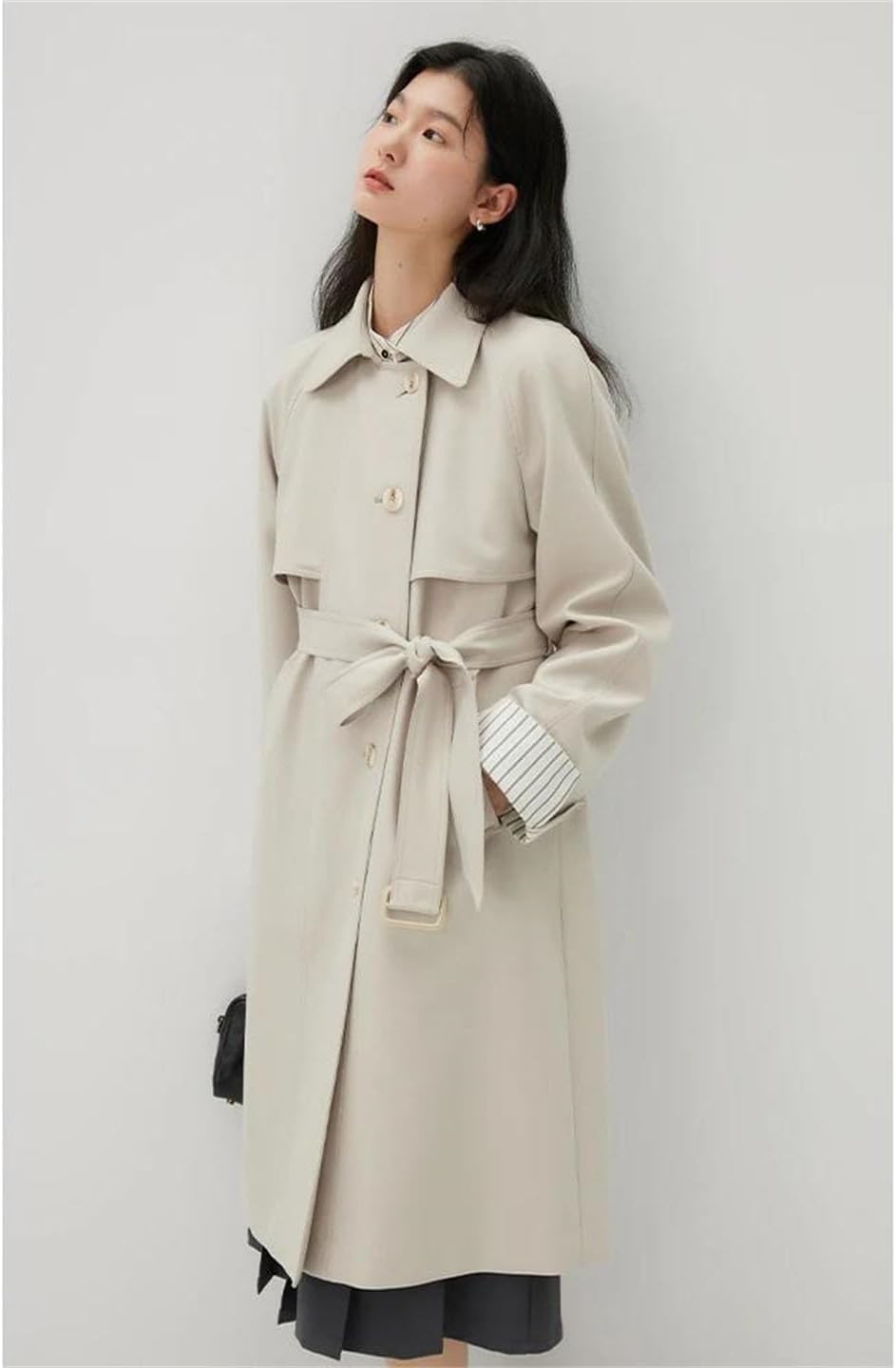 Women Single-Breasted Long Windbreaker Diagonal Placket Design Trench Raglan Sleeve Coat